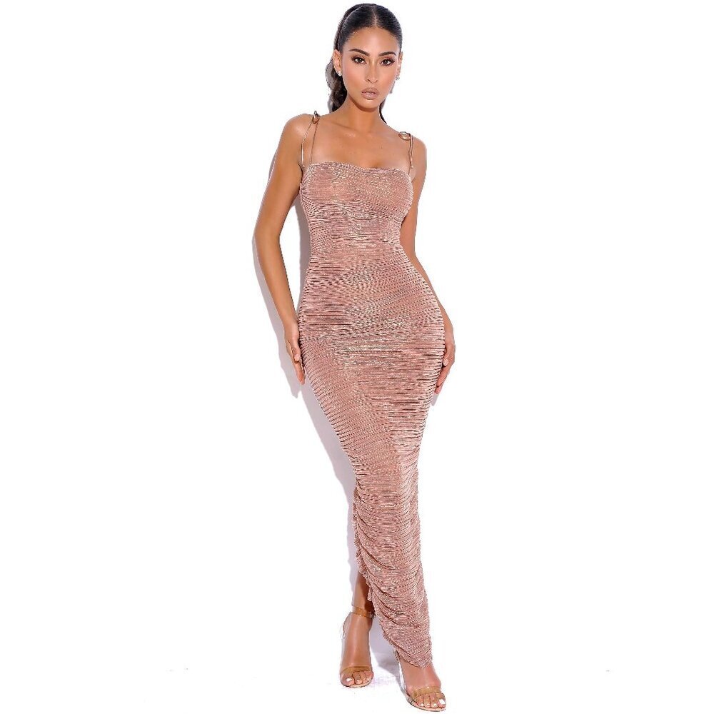 The Glint Rose Gold Ruched Chiffon Long Maxi Dress